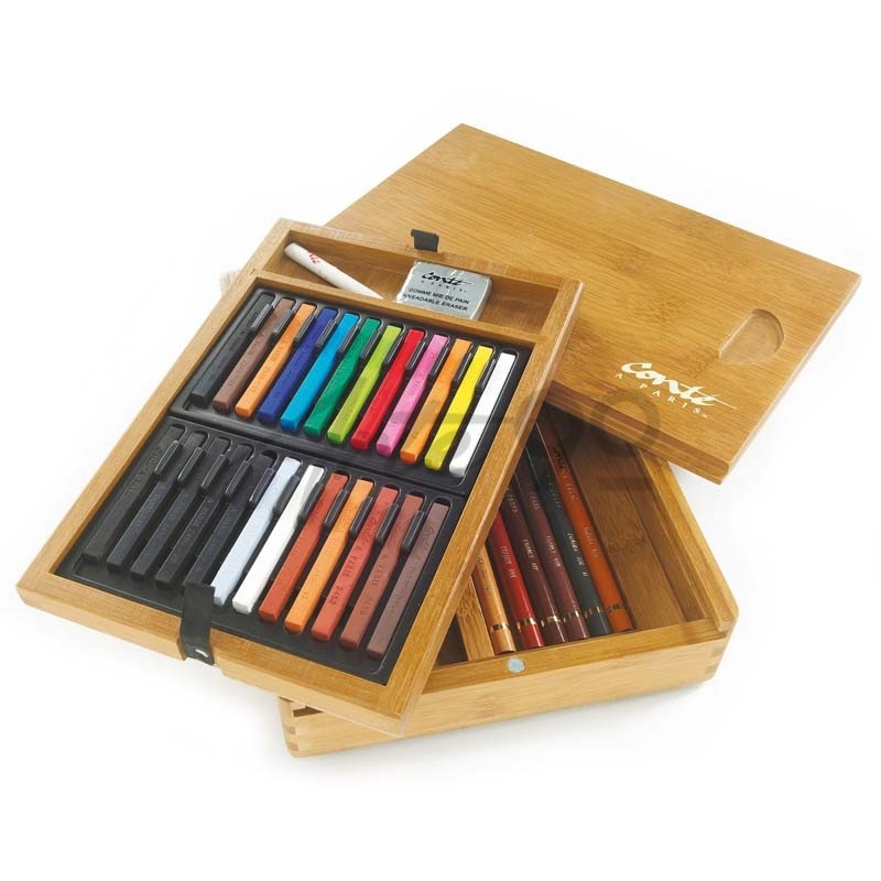 Set di matite e pastelli da disegno - cassetta in bamboo