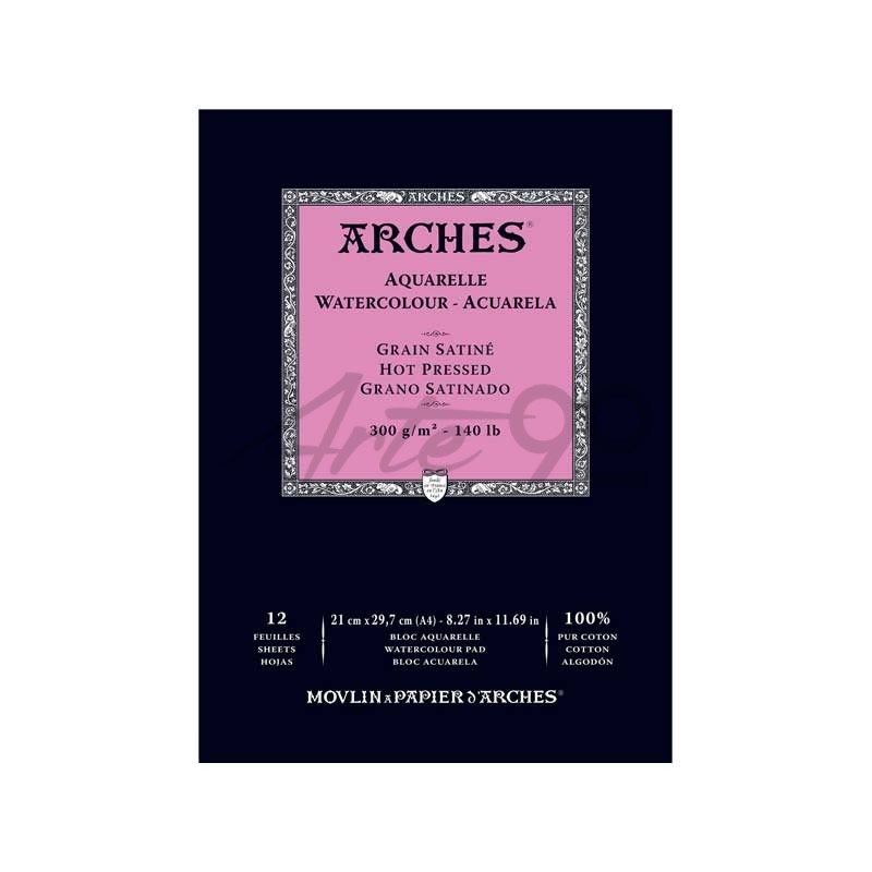 Blocco Per Acquerello Arches – A3, 15 Fogli, Grana Satinata, 185g/m² – Carta 100% Cotone, Bianco Naturale – Incollato Su 1 Lato
